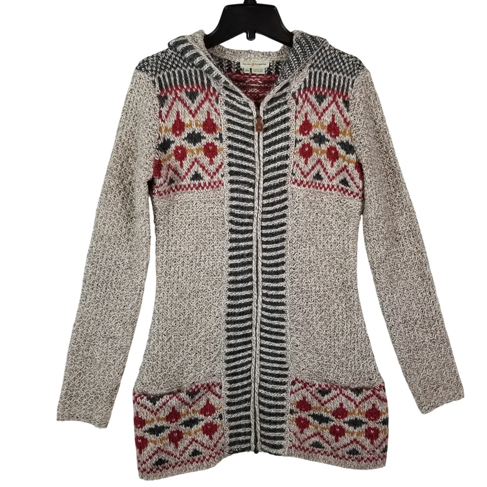 Royal Robbins Zip Up Sweater Women XS Oatmeal Red Fair Isle Hooded Wool Blend‎